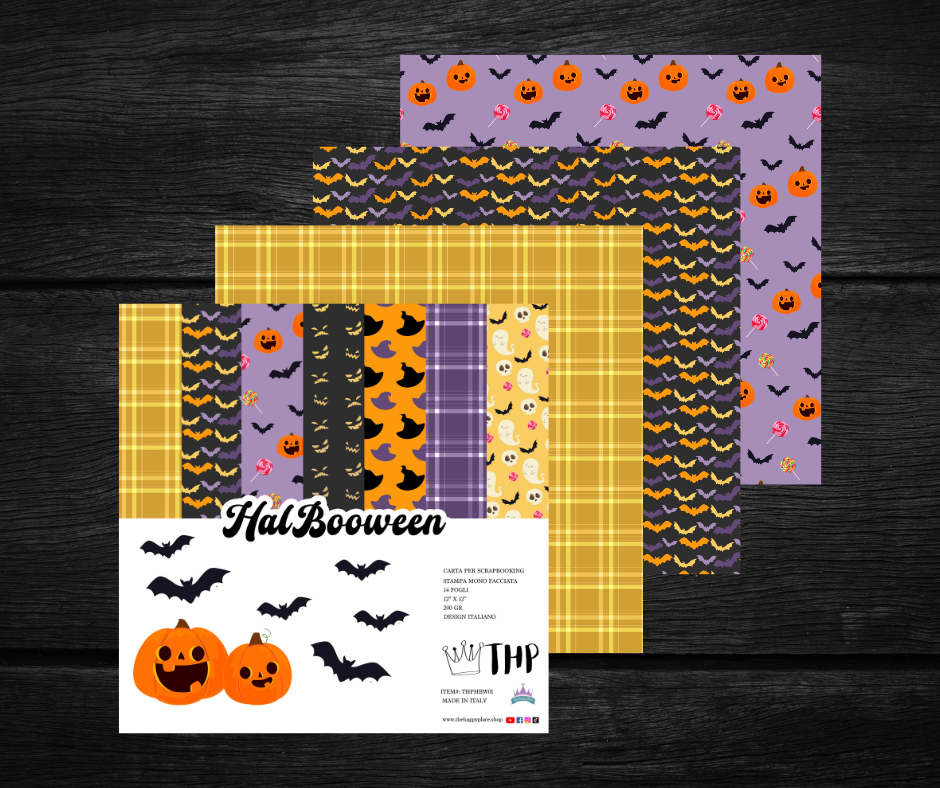 Carta per scrapbooking pad paper halloween halbooween the happy place pipistrelli zucche arancione tartan fantasmi 30x30 12x12 caramelle lecca lecca lolly